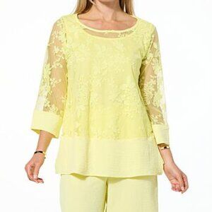 Nina Leonard Embroidered Mesh Knit 3/4-Sleeve Tunic Small - Lemon Zest (NWOT)